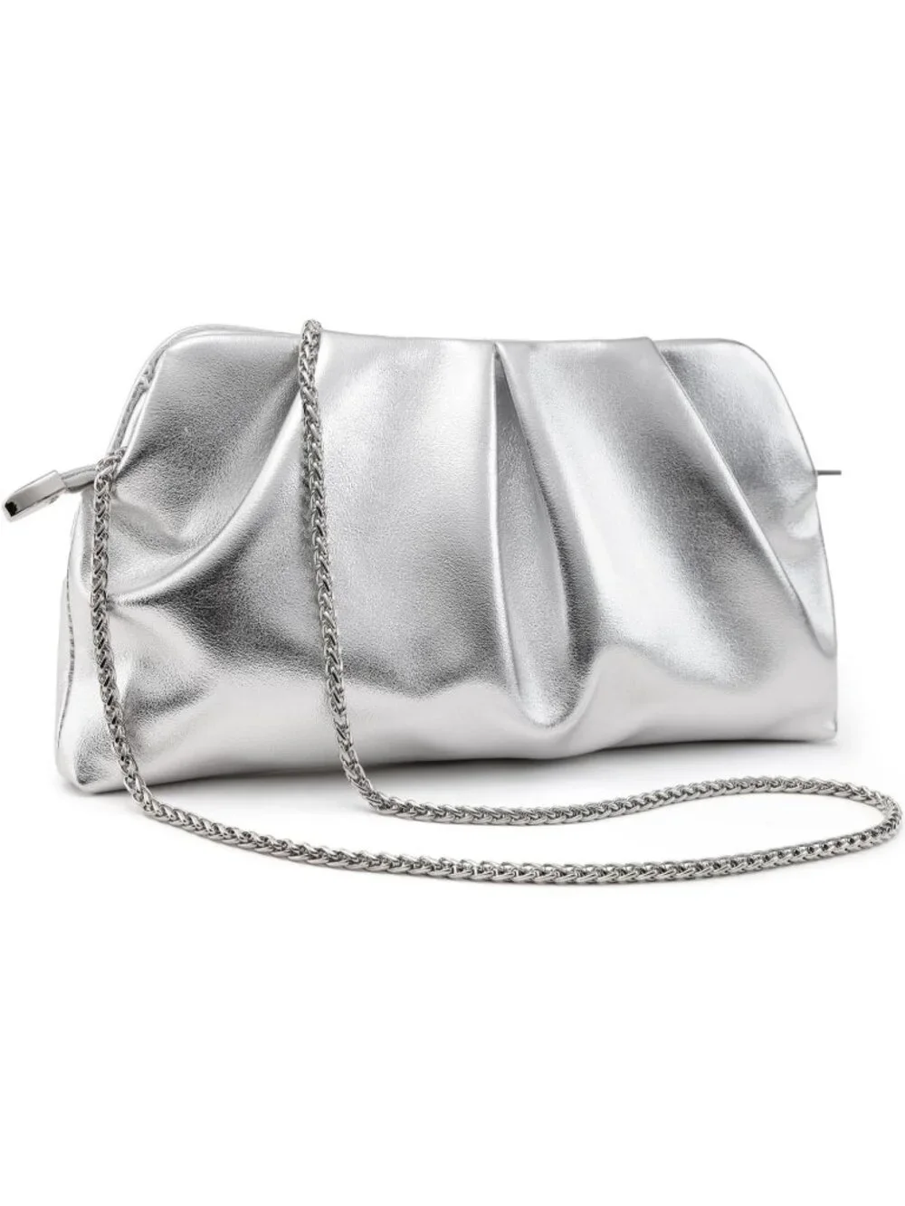 Women's Silver Pleated Pu Clutch Purse For Dressy With Chain Formal Handbag